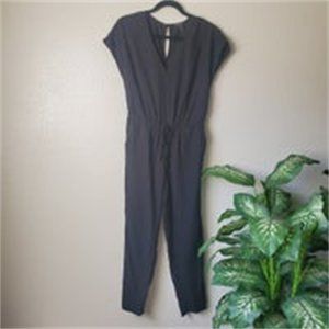Black Relaxed Pocket Jumpsuit In Linen Tapered Leg Womens XXS